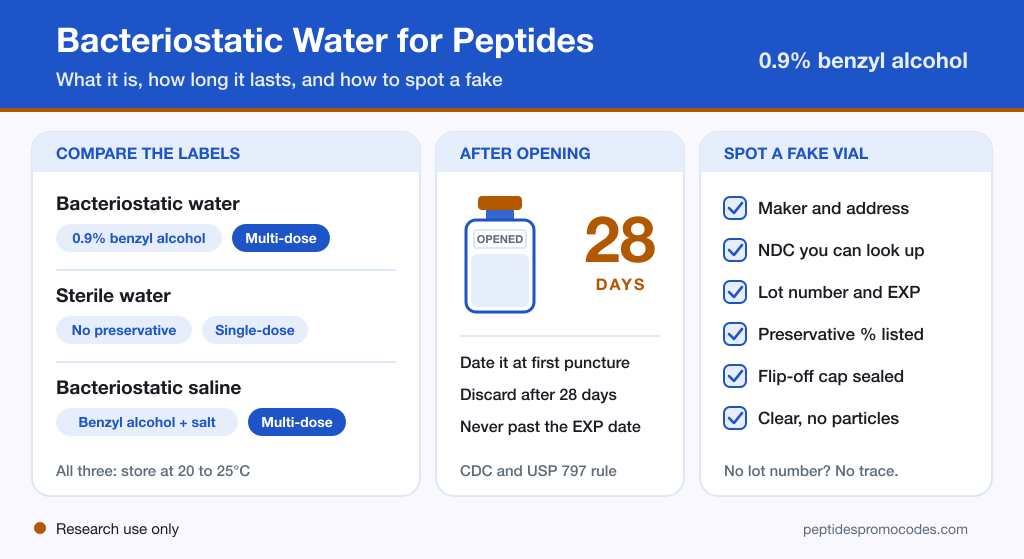Infographic on bacteriostatic water for peptides comparing it with sterile water and bacteriostatic saline, showing the 28-day discard rule after opening and a six-point checklist for spotting a fake vial