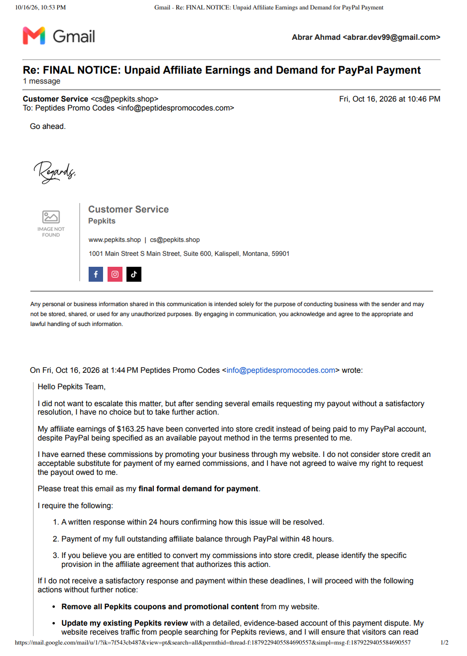 Email from PepKits customer service replying “Go ahead” to a request for affiliate payment and an explanation of the store-credit conversion