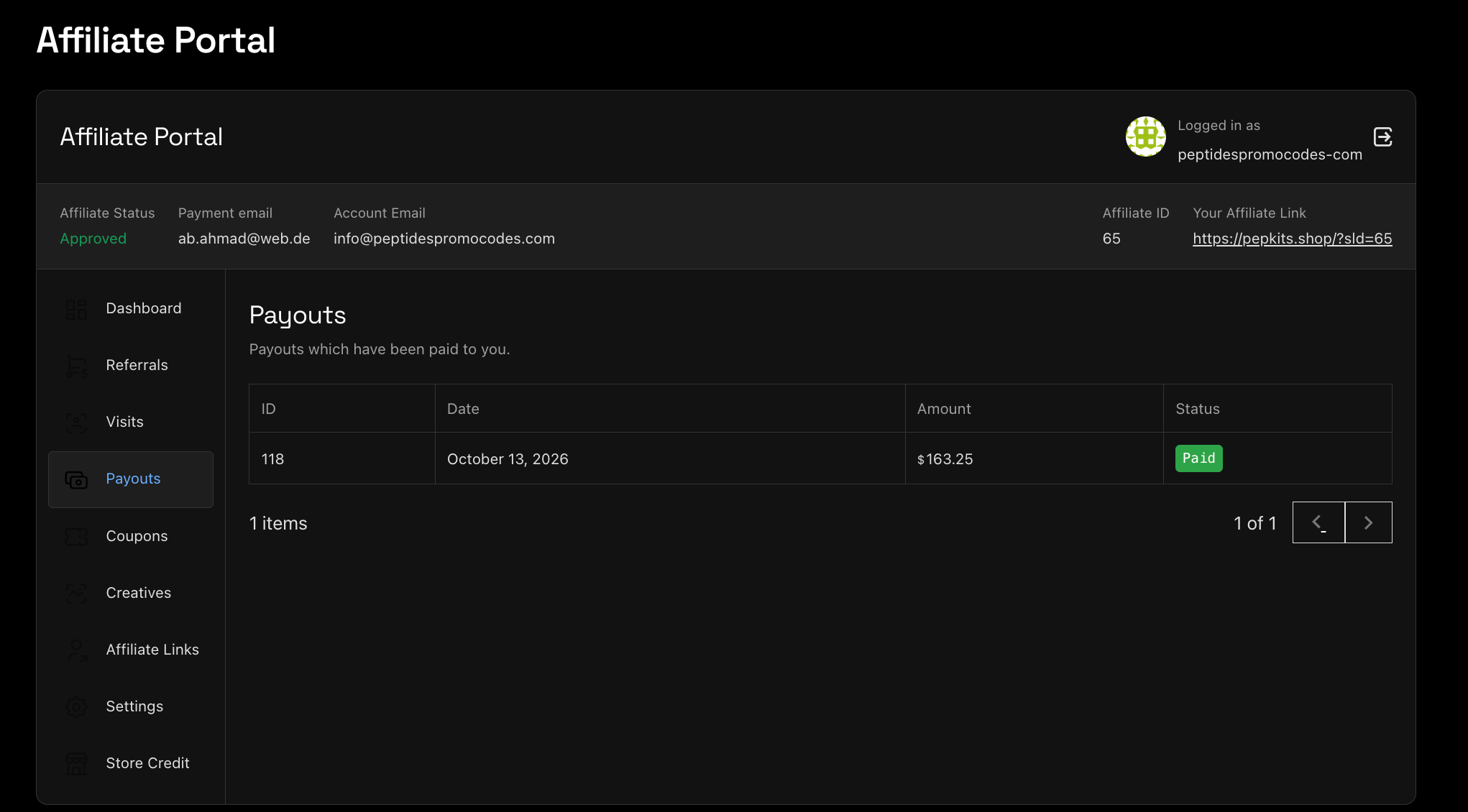 PepKits payout record showing a $163.25 entry marked paid on October 13, 2026