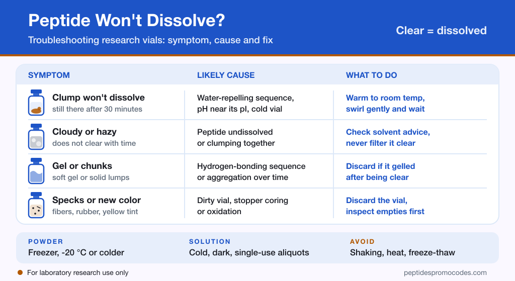 Troubleshooting grid for research peptide vials with symptom, likely cause and what to do columns for a clump, a cloudy vial, a gel and specks, above a storage strip for powder and solution