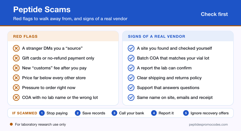 Infographic comparing six peptide scam red flags, such as a stranger messaging you a source, with six signs of a real vendor, plus five steps to take if you have been scammed