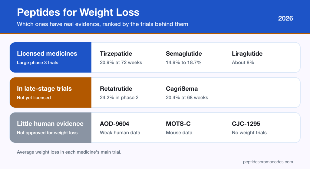 Evidence ladder for weight loss peptides: licensed medicines tirzepatide, semaglutide and liraglutide at the top, retatrutide and CagriSema in late-stage trials, and AOD-9604, MOTS-C and CJC-1295 with little or no human evidence