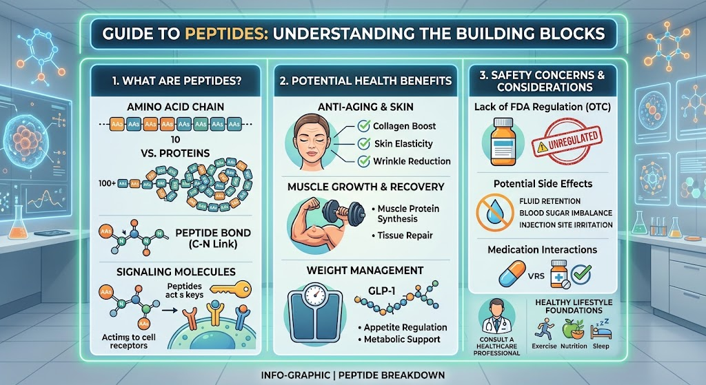 Infographic guide to peptides covering what they are, potential health benefits, and safety considerations