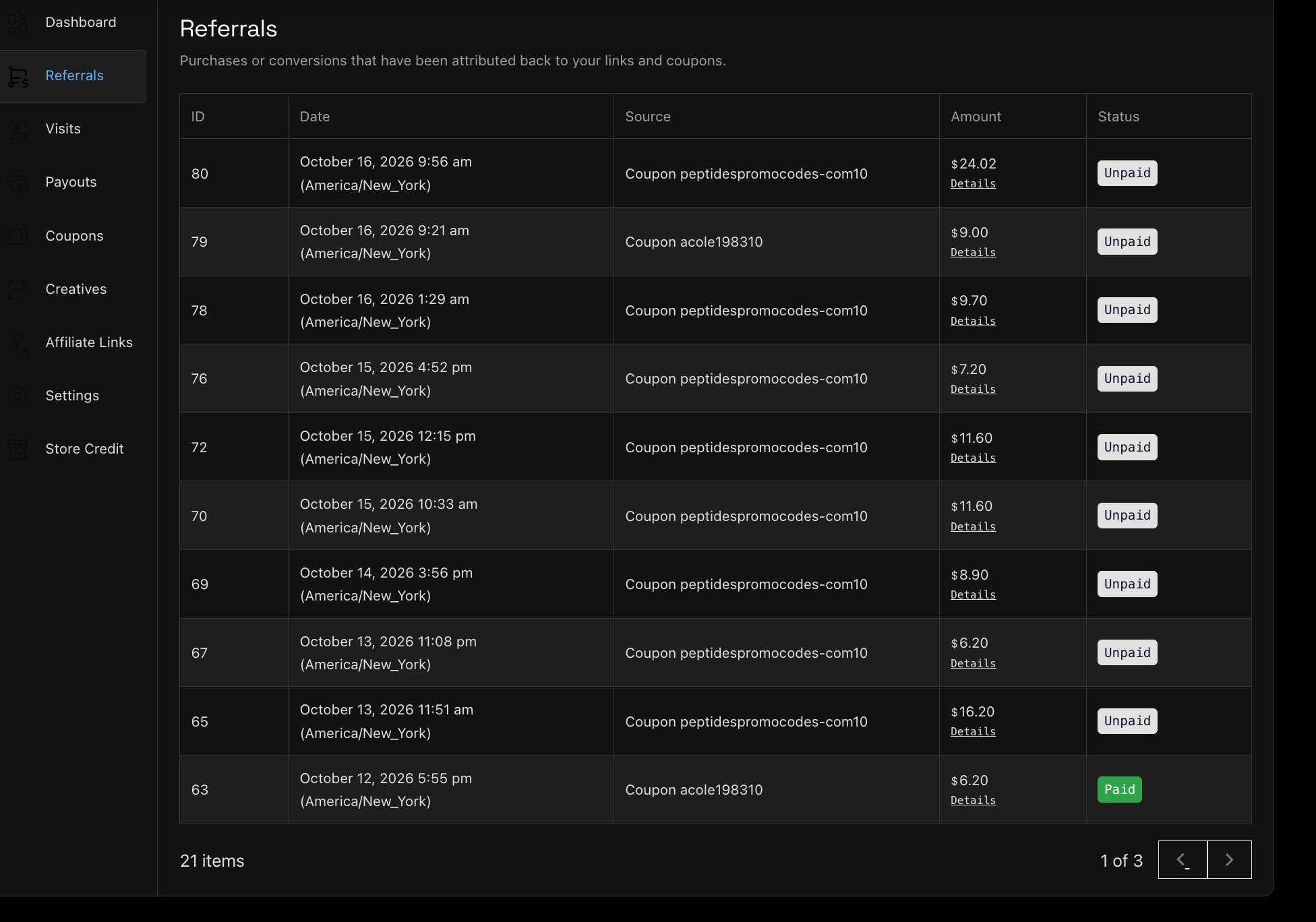 PepKits affiliate referral records, page 1, showing unpaid commission entries