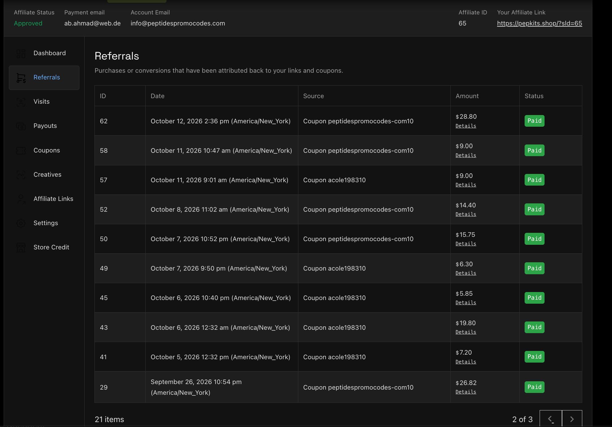 PepKits affiliate referral records, page 2, showing paid commission entries