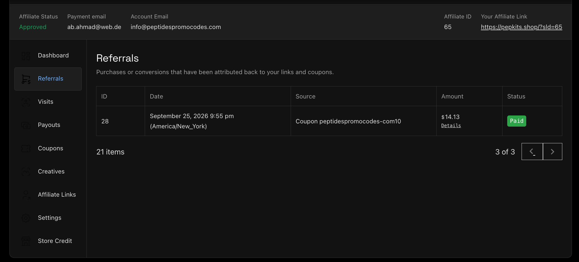 PepKits affiliate referral records, page 3, showing a paid commission entry