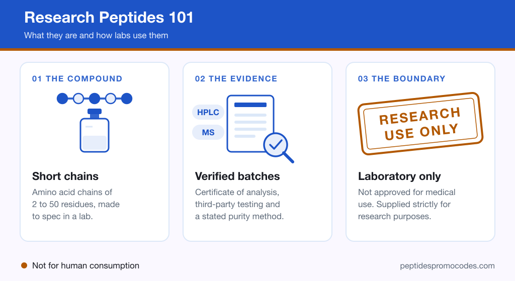 Infographic explaining research peptides, including a laboratory vial, a certificate of analysis with purity testing, and a research use only compliance stamp